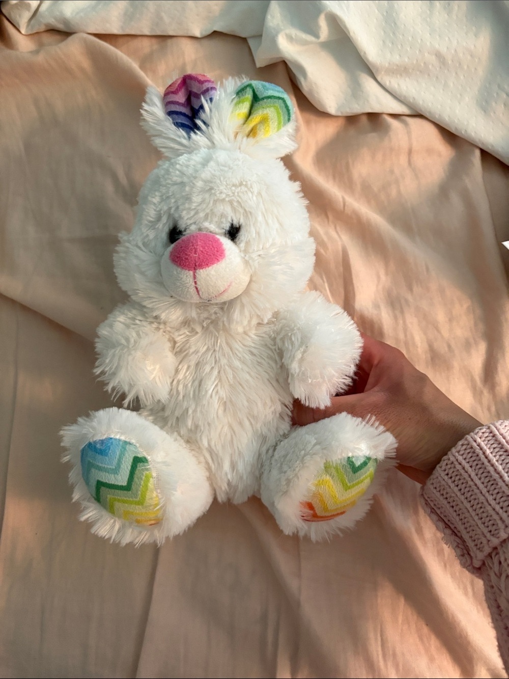 White Plush Bunny Stuffed Toy with Rainbow Accents